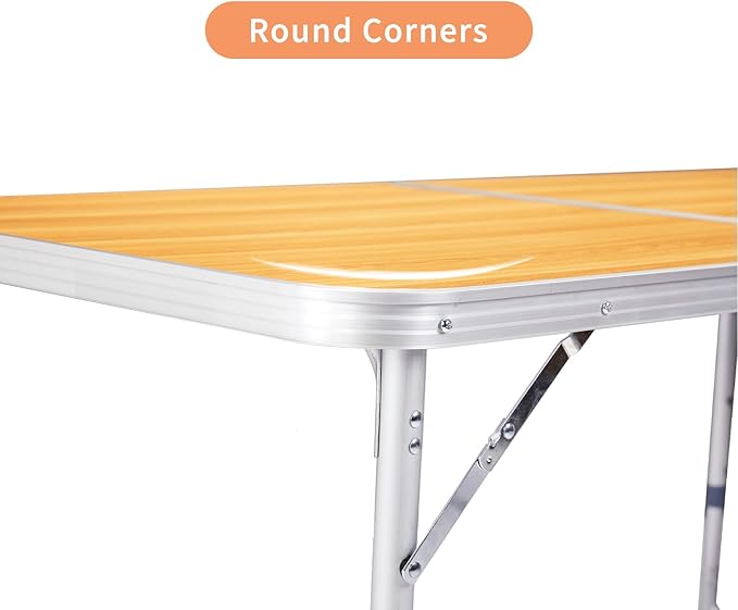 Camping Folding Table with Adjustable Height, 6ft Folding Portable Camping Table, Durable Aluminum Frame, RV Dining Tables, Grill, DJ, BBQ, Dining, Picnic, Cooking, Beach, Garden, Wood Grain Color