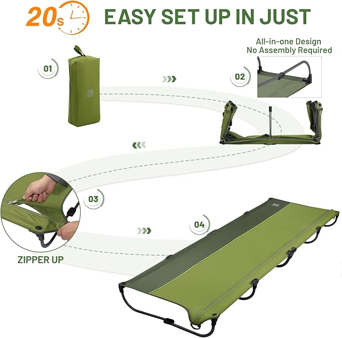 TIMBER RIDGE 20-Second Quick Set-Up Camping Cot, Lightweight Aluminum Folding Cot Low Profile with Zipper Closure, Portable Carry Bag for Camping, Travel and Outdoors, Support up to 225lbs, Green