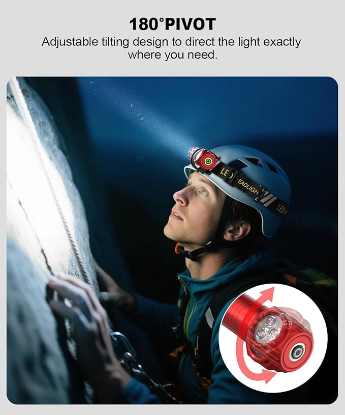 LED Rechargeable Headlamp for Adults - Hard Hat Light Running Head Lamp with Red Light, Magnet, 180° Tilt, 7 Modes, Detachable Flashlight & Headband, Outdoor, Emergency 1PC, Red