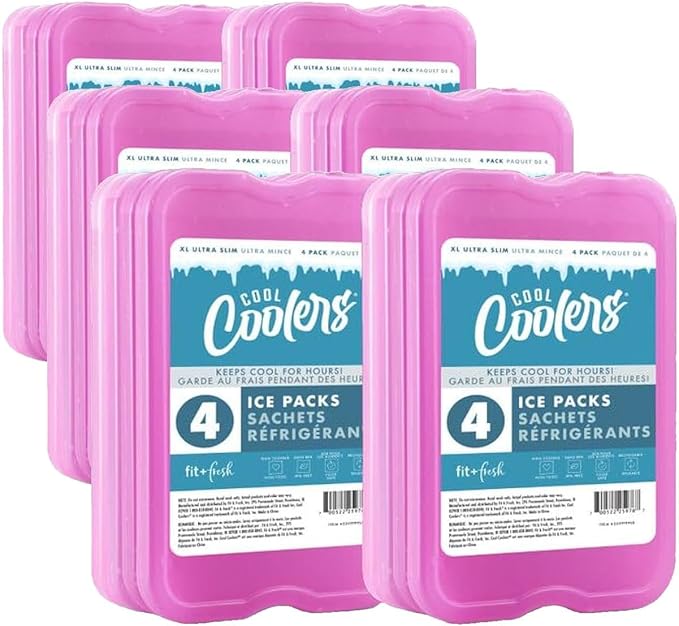Cool Coolers by Fit + Fresh, Reusable & Long-Lasting XL Slim Ice Packs, Cold Packs for Lunch Boxes, Cooler Accessories for Camping, Beach, Lunch, and Work, Purple | 8 Count (Pack of 3)