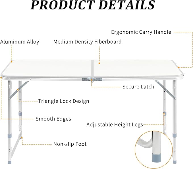 3.0 Ft Folding Portable Camping Table with Adjustable Height Aluminum Legs for Kitchen, BBQ, Dining, Picnic, Cooking, Beach, Garden, Party, Traval, Party, 4-6 People