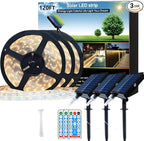 120ft Total (3x40ft) - 3 Pack Solar Led Strip Lights Outdoor, 8 Mode with Remote Timer and Auto On/Off, Self-Adhesive Waterproof, Great for Yard, Garden, Stair and Sidewalk Decor, Warm White