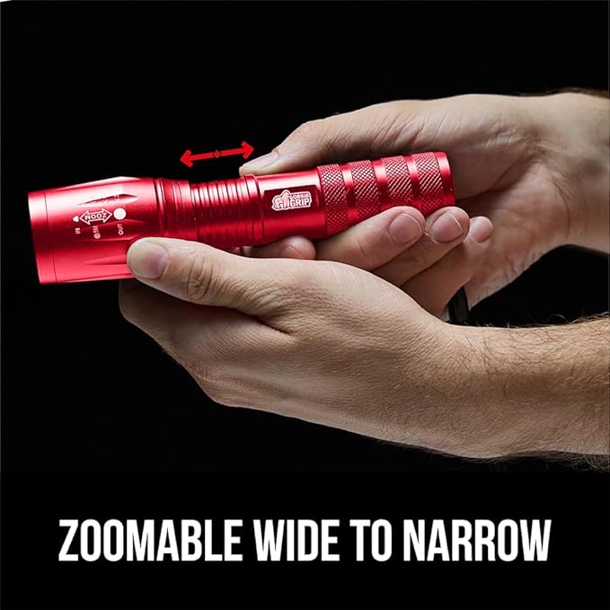 GORILLA GRIP Powerful LED Tactical Flashlight, 750 FT High Lumens 5 Adjustable Modes, Water Resistant, Ultra Bright Zoom Flashlights, Small Mini Flash Light, Camping, Night Dog Walking, 2 Pack Red