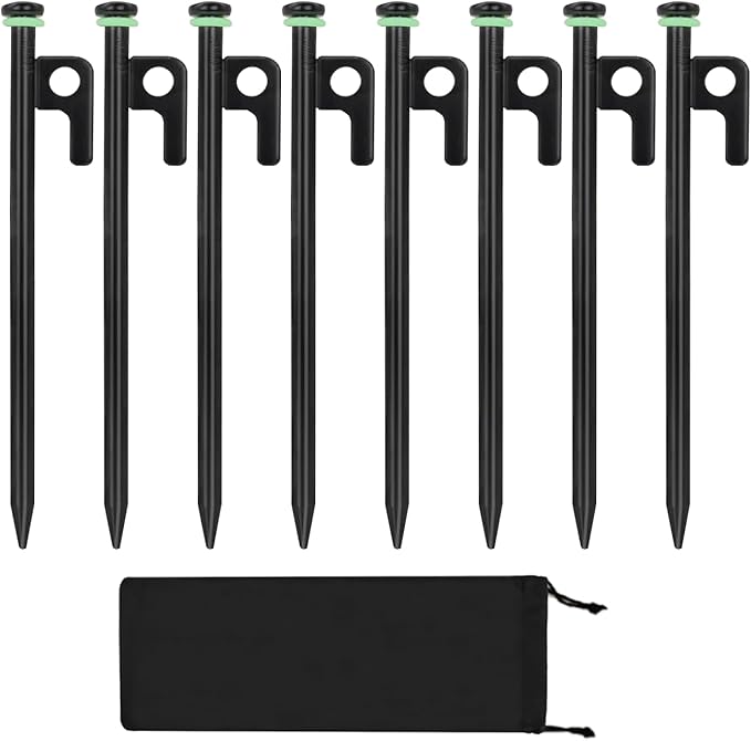 8Pcs Tent Stakes, 8in Heavy Duty Forged Steel Tent Stakes with Storage Pouch, Metal Stakes for Tent Used on Rocks, Snowfield, Dessert(8Pcs 8in Stakes)
