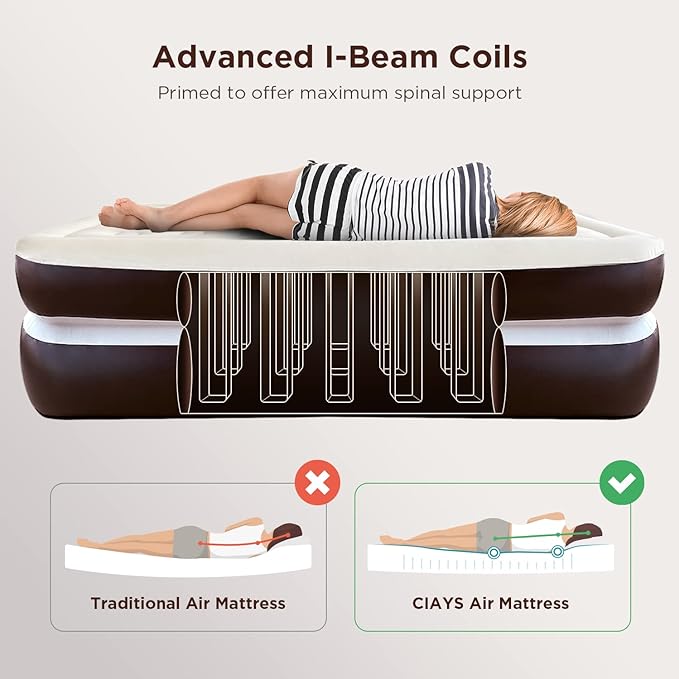 Ciays Air Mattress with Built-in Pump, Blow Up Mattress with Carrying Bag for Home and Camping, Flocked Top Inflatable Air Bed for Guests, Family