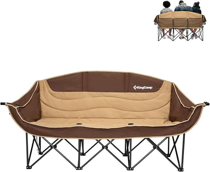 KingCamp 3 Person Camping Chair, Oversized 660lbs Heavy Duty Loveseat for Adults Portable Folding XL 2 Person Couch Padded Comfortable Three Seat with Cup Holder for Outdoor Lawn, Khaki/Coffee