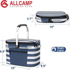 ALLCAMP Picnic Basket - Insulated Cooler, Thickening Foldable Picnic Basket with Removable Baskets & Sewn-in Frame, Basket for House Warming Gifts New Home(Blue White)