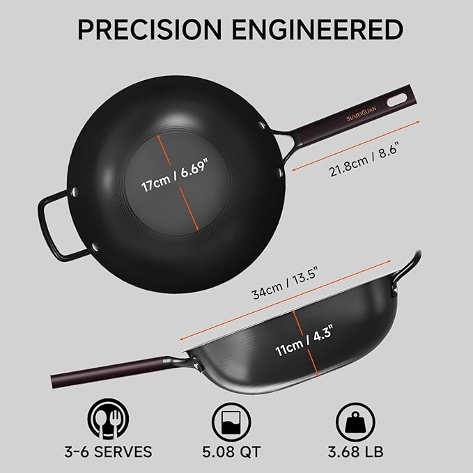 13.5" Carbon Steel Wok Pan - Pre-Seasoned Flat Bottom Woks & Stir-fry Pans Chinese Cookware with Lid & Spatula - For Pan-fry,Stir Fry, Steam, BBQ & Camping - Compatible with Induction, Gas