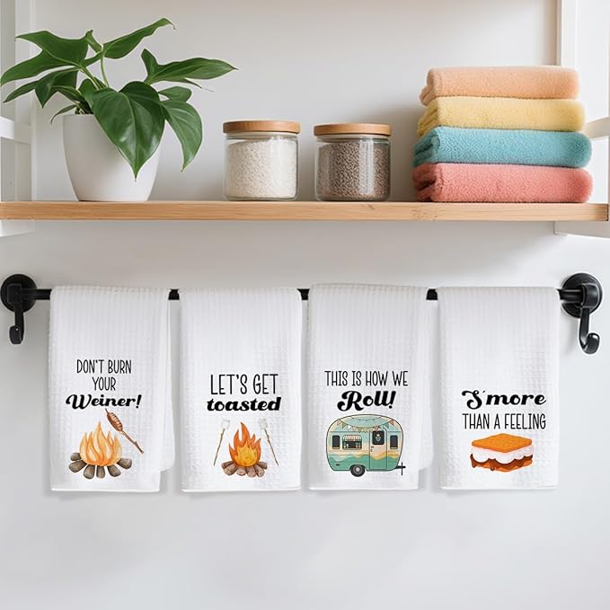 4Pcs Camper Kitchen Towel, Camping Gift, Camp Kitchen, RV Decor, Vintage Trailer Camper Decor, Motor Home Decoration Towels, Retirement Gift, Waffle Weave Hand Towels for Kitchen Camp-1