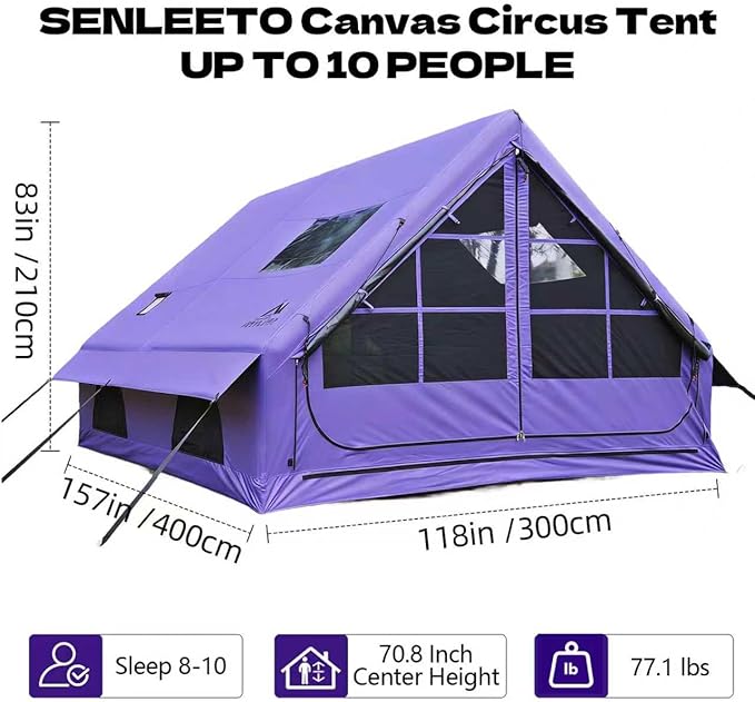 Inflatable Camping Tents 8-10 Person,129 Square Feets Large Inflatable Camping Tent with Stove Jack,Blow up Tent with Mesh Windows & Pump