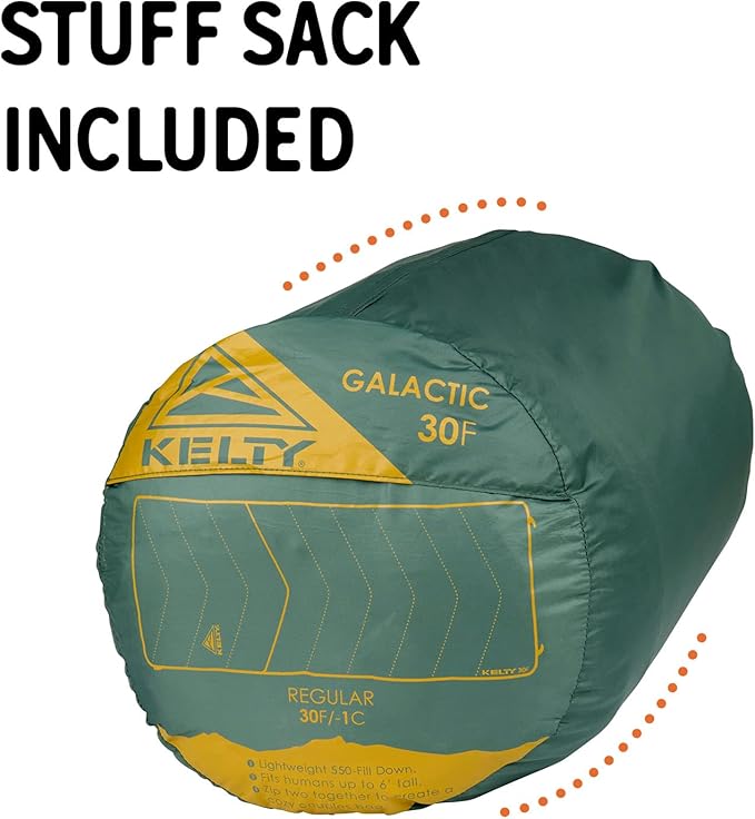 Kelty Galactic Down 30 Degree Sleeping Bag, 550 Fill Power RDS Trackable Down, Backpacking and Camping, Zip Together for 2P Sleeping Bag
