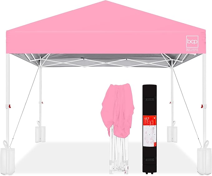 Best Choice Products 8x8ft Pop Up Canopy Tent, Outdoor Shade, 1 Person 1 Minute Set Up, Carry Case, 4 Weight Bags - Pink/White
