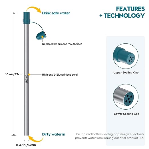 Personal Survival Straw.316L Stainless Steel Reusable Water Filter Straw Portable Water Purifier Straw for Camping Hiking Backpacking Travel, Emergency Survival Gear(Orange,1Pcs)