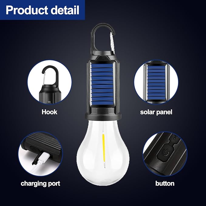 Solar Tent Lamp Portable LED Tent Lights, Hook Hurricane Emergency LED Camping Light Bulb, USB Rechargeable Lantern Bulb for Camping Hiking Backpacking Fishing Outage (2)
