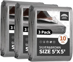 RAINDEWAY Tarps Heavy Duty Waterproof 5x5 Feet(3 Pack),10Mil Thick Multipurpose Poly Small Tarp Cover with Metal Grommets and Reinforced Edges,Silver/Brown Tarp