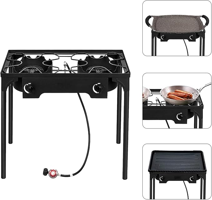 Double Propane Outdoor Burner, 150,000 BTU Camping Cooker,Heavy Duty Iron Cast Patio Burner with Removable Legs, Portable Propane Stove Gas Cooker for Home Brewing, Stir Frying, Camping, Tailgating