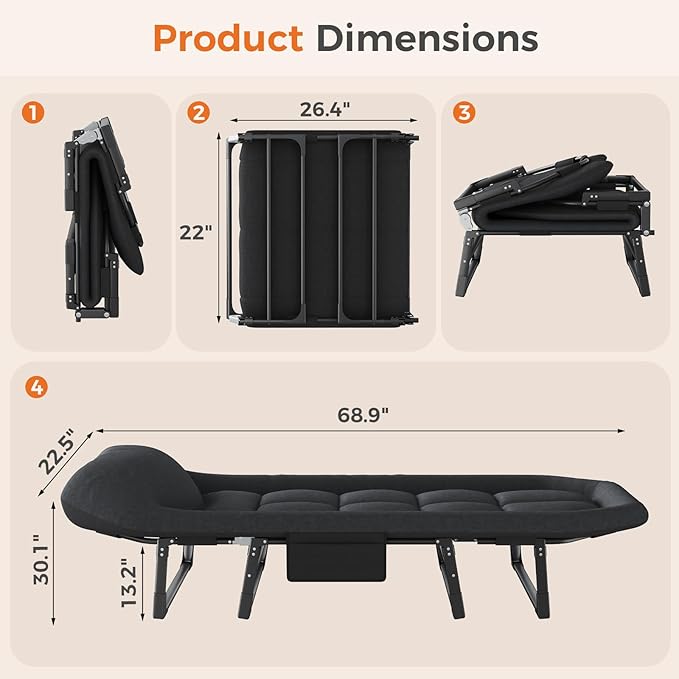 NEWBULIG Foldable Camping Cot for Adults, Sleeping Cots with Mattress, Pillow and Side Pocket, 6-Angle Adjustable Folding Camp Bed, 450lbs Weight Capacity, for Hiking, Traveling, Office Napping, Guest