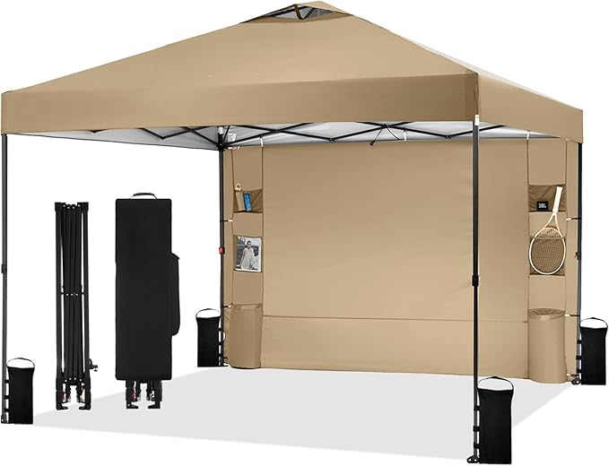 12'x12' Pop Up Canopy Tent with 1 Sidewall and 6 Pockets, One Push Setup, Instant Shade Tent with Vented Roof for Beach Patio Outdoor, Case, 8 Stakes, 4 Ropes, 4 Sandbags(Khaki, 12x12)