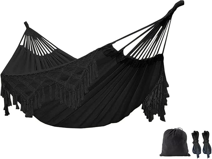 Double Boho Macrame Hammock Cotton Canvas Portable Replacement Hammock 440lbs Load Capacity Black