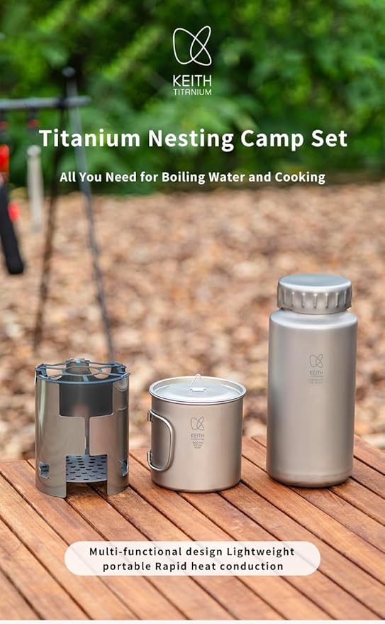 Keith Titanium Ti3070 Nesting Camp Set - Ultralight Plastic-Free Titanium Bottle, Mug & Wood Stove with Canvas Carry Bag - Durable, Portable, and Eco-Friendly for Camping, Hiking & Outdoor Adventures