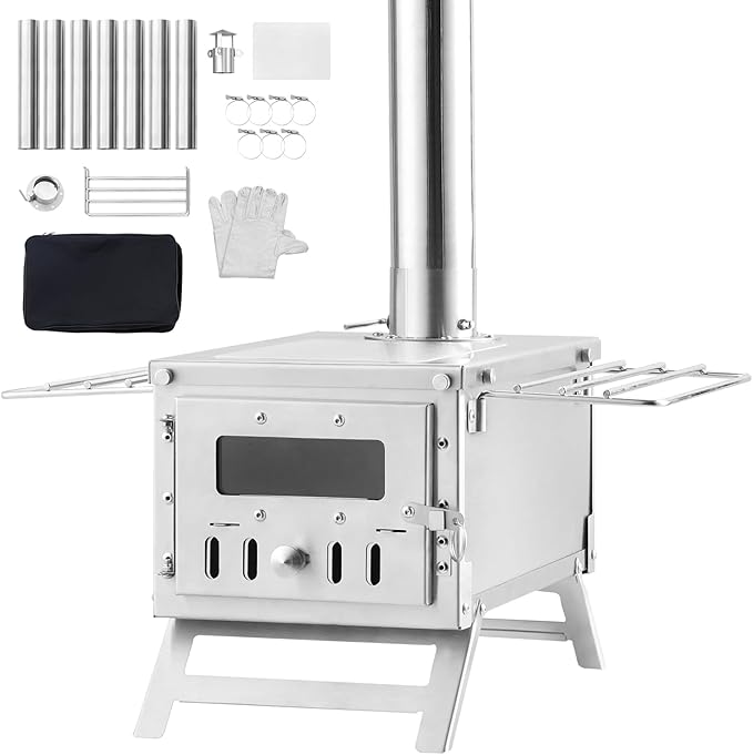 VEVOR Camping Wood Stove Stainless Steel Camping Tent Stove, Portable Wood Burning Stove with Chimney Pipes & Gloves, 640in³Firebox Hot Tent Stove for Outdoor Cooking and Heating with 8 Pipes