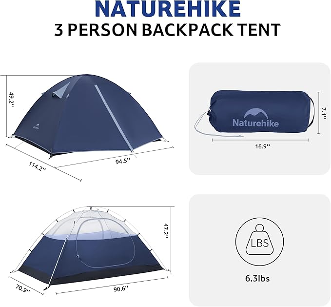 Naturehike Bleik 2-3 Person Camping Tent, Waterproof Double Layer Lightweight Backpacking Tents for Camping