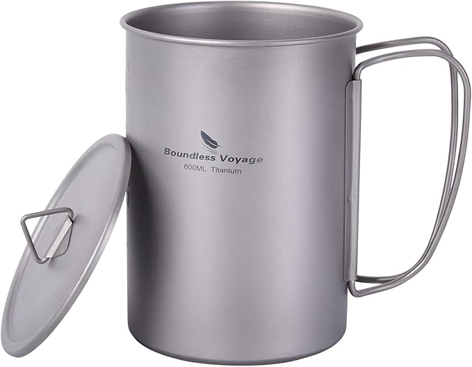 iBasingo Titanium Mug 600ml Camping Cup Outdoor Single Layer Wide Mouth Cookware Lightweight Portable Drinkware Hiking Picnic Solo Cooking Kit Ti3049D