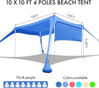 Beach Canopy Tent Shade with Sidewalls 10x10FT, 6.6FT Tall, UPF50+ Sun Shelter, Windproof & Water Resistant, Includes Guylines Sand Shovel Stability Poles, Easy Up for Beach Outdoor Camping Backyard