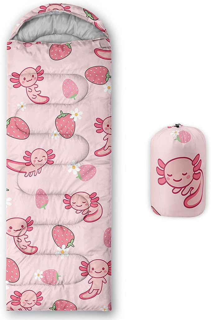 QOOMO Axolotl Cute Camping Sleeping Bags,3 Season Warm & Cool Weather,Lightweight,Waterproof Sleeping Bags for Adults & Kids,Traveling,and Outdoors