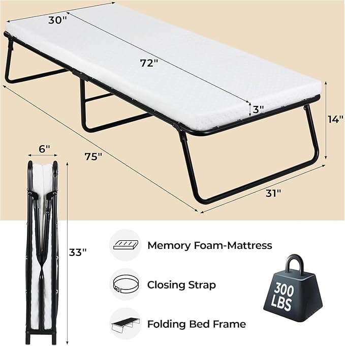 MAMIZO Folding Bed,Rollaway Bed with Mattress for Adults,Portable Bed,Metal Frame with Memory Foam Mattress,for Bedroom,Office,Camp,No Assembly Required,(75" x 31"x14")