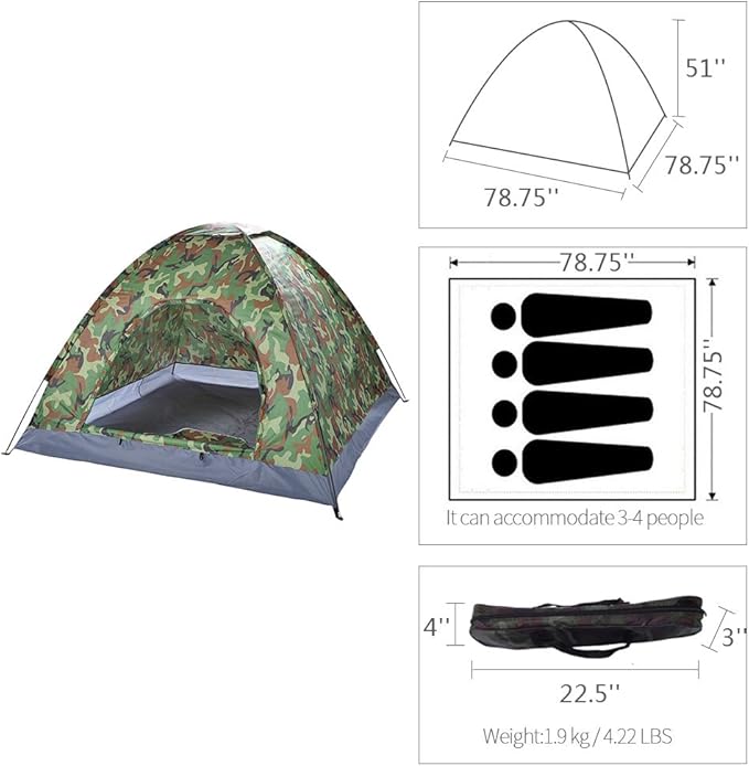 VINGLI Camouflage Camping Tent, Portable Dome Tent for 3/4 Person with 78L”x 78W”x 53H”Waterproof Nylon Oxford for Hiking, Climbing, Camping, Backpacking