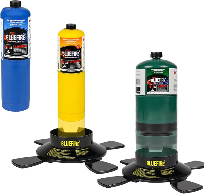 BLUEFIRE Dual-Use Camping & Brazing Fuel Gas Cylinder Stand Star Shape Bottle Base Propane MAPP MAP PRO Canister Stabilizer, Accessory for Portable Welding Torch Burner Stove,Bottle not Included