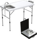 Allpop Fold-in-Half Fish Cleaning Table with Sink & Carrying Bag, 50'' Portable Folding Camping Fish Station with Drainage Hose, Faucet, Sprayer, Storage Box & Grooves for Picnic, White