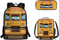 3 Pcs Cartoon School Bus Print Backpack Set with Lunch Bag and Large Capacity Pencil Box, Lightweight Schoolbag for Elementary Kindergarten Students Traveling Camping