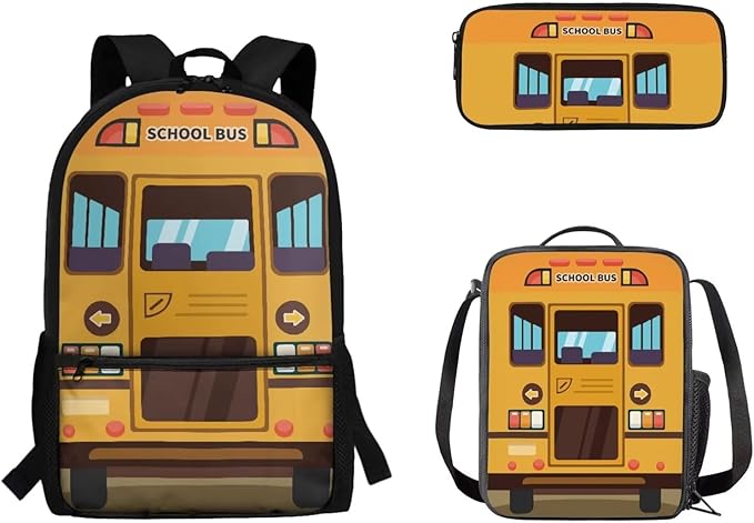 3 Pcs Cartoon School Bus Print Backpack Set with Lunch Bag and Large Capacity Pencil Box, Lightweight Schoolbag for Elementary Kindergarten Students Traveling Camping