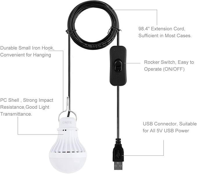Onite USB LED Light Bulb, Emergency Backup Lighting for Camping, Garage, Power Outage Preparedness, for Portable Power Station & Solar Panel, Outdoor Lantern with Hook & 8.4ft Cord, Warm White (1)