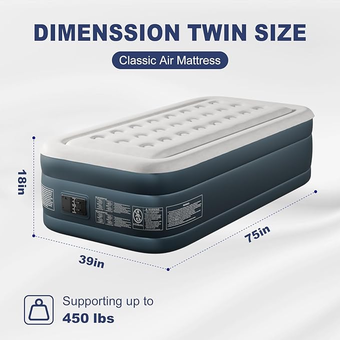 Outvita 18in Twin Air Mattress with Built-in Pump, Quick Assembly Comfort Luxury Blow Up Air Bed Self-Inflation/Deflation - Breathable and Flatness-Free for Guests and Home, Camping, Travel