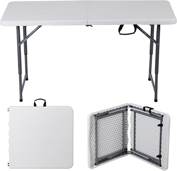 ZenStyle 4 ft Folding Table, 48x24 Inch White Portable Plastic Table, Height Adjustable & Lightweight for Indoor Outdoor Use, Camping, Parties, Events, Dining