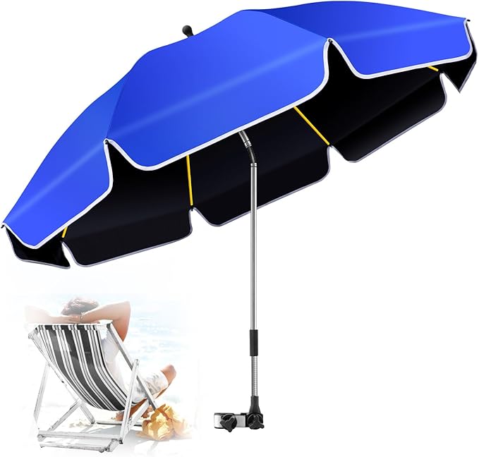 48.8 inch Large Beach Umbrella with Clamp Sun Shade for Beach Chair, 360°Adjustable UV Protection Golf Umbrella with Clip for Outdoor Stroller Wheelchair Camping Chair