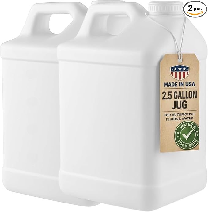 kitchentoolz 2.5 Gallon Water Jug – Heavy-Duty HDPE Carboy for Automotive Used Oil & Liquid Storage – 10 Quart Mixing Container with Secure Lid – Made in USA - White Pack of 2