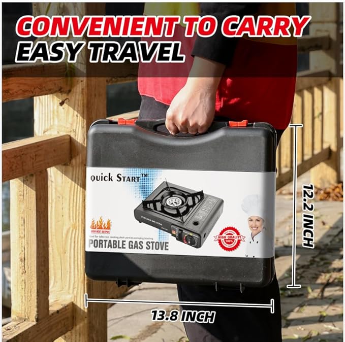 Butane Stove, Portable Camping Stove with Carry Case & Push-Button Starter, Includes Precise Temperature Control & 7,650 BTUs of Power for Camping, Tailgating, & More