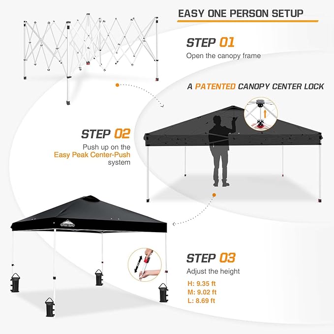 EAGLE PEAK Pop Up Canopy Tent with Wheeled Carry Bag, 8 Stakes, 4 Ropes, 4 Weight Bags, Easy Set Up Tent Canopy, 10x10 ft, 100sqft of Shade, Black
