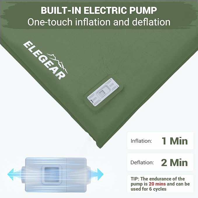 Elegear CumbreX™ Self Inflating Sleeping Pad, Built-in Electric Pump 3.15" Ultra-Thick Memory Foam Camping Mattress with Pillow Sleeping Pad for Camping R-Value 9.5 Foam Camping Pad Army Green Single
