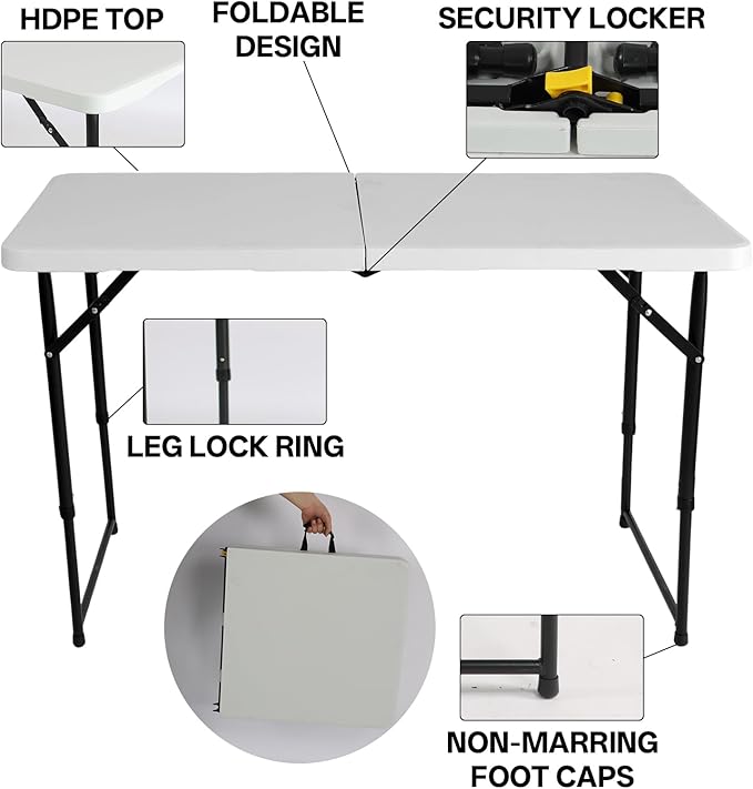 4FT Adjustable Height Folding Camping Table - Portable Foldable Small Table with Metal Frame & Plastic Top, Ideal for Outdoor Picnic, Indoor Dining & Events