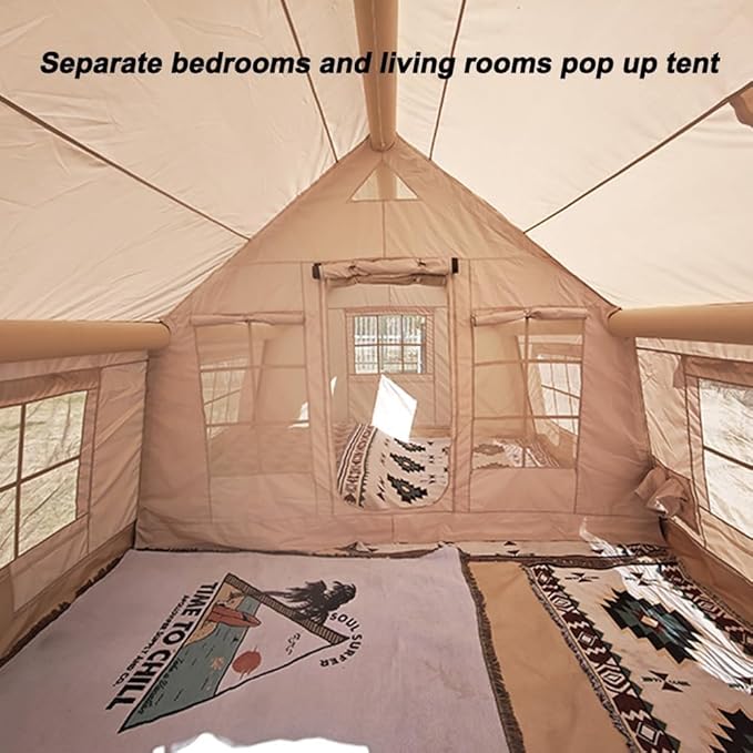 4 Season Inflatable Camping Tent with Separate Living and Sleeping Area,3000mm Waterproof Pop-Up Tent with Pump and Stove Jack Hole,4-6 Person Glamping Tent