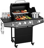 3 Burner Propane Gas Grill with Side Burner, 40,000 BTU Output Propane Grill, Outdoor Gas BBQ Grill with Stainless Steel Grates, Outdoor Cooking for Patio, Camping, Backyard