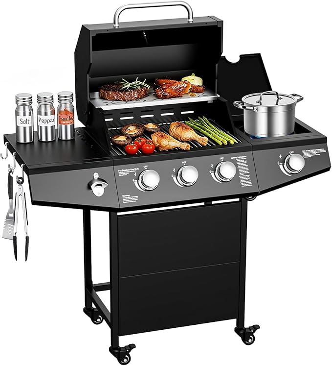 3 Burner Propane Gas Grill with Side Burner, 40,000 BTU Output Propane Grill, Outdoor Gas BBQ Grill with Stainless Steel Grates, Outdoor Cooking for Patio, Camping, Backyard