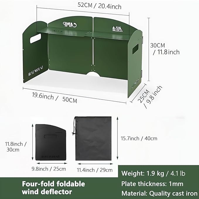 Outdoor Wind Deflector,Cassette Stove Folding Wind Deflector, Steel Windproof Hood for Stove, Gas Stove Wind Deflector, Camping Thickened Stove Ring, Portable 4 Plates Wind Blocker (Green)