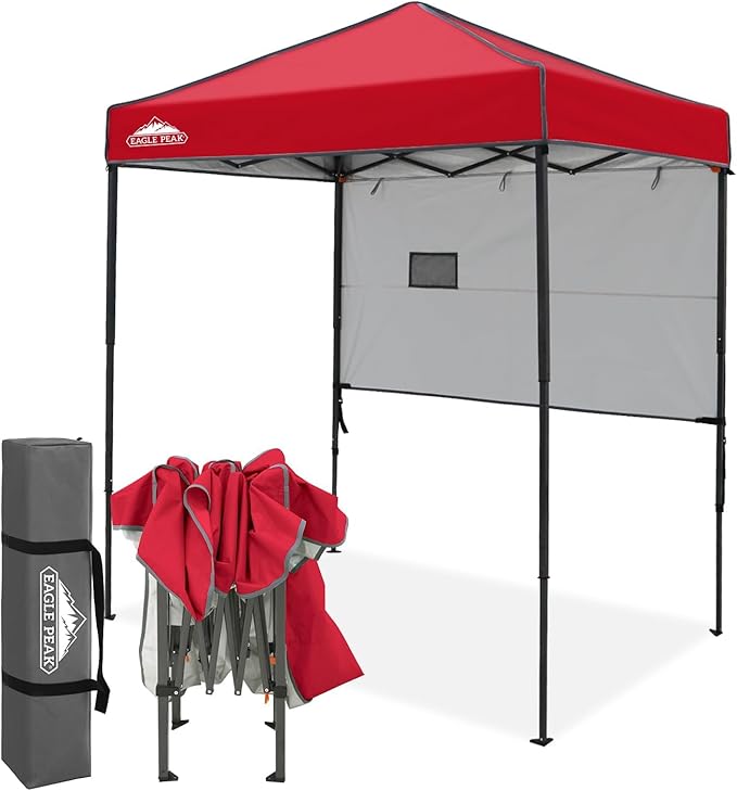 EAGLE PEAK 6x4 Instant Pop Up Canopy Tent with 1 Half Wall Panel, Straight Leg Sun Shelter, Portable Canopy with Carry Bag for Camping, Beach & Sports, Red