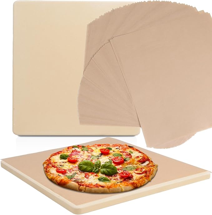 10 Inch Small Pizza Stone with Parchment Paper(50 pcs) for Camp Oven 10”x11”x0.5”, Garpernics Rectangular Cordierite Baking & Grilling Stone for Grills and Air Fryers Fit for Coleman Camp Oven